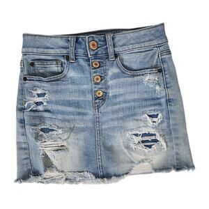 American Eagle Womens Skirt 0 Reg Denim Button Fly Hi-Rise Mini Distressed Blue